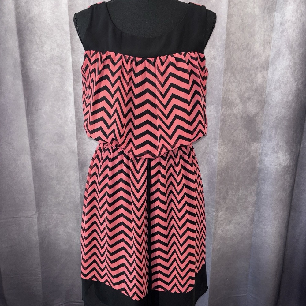 Enfocus Womens 12 Sleeveless Cinched Waist Tie‎ Flair Dress Pink Black Geometric